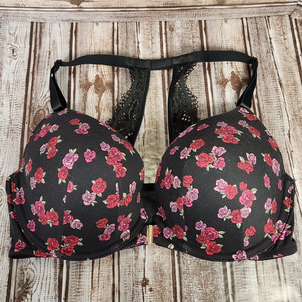 CACIQUE Boost Plunge Front Closure Lace Back Underwire 38DDD Floral Red Pink